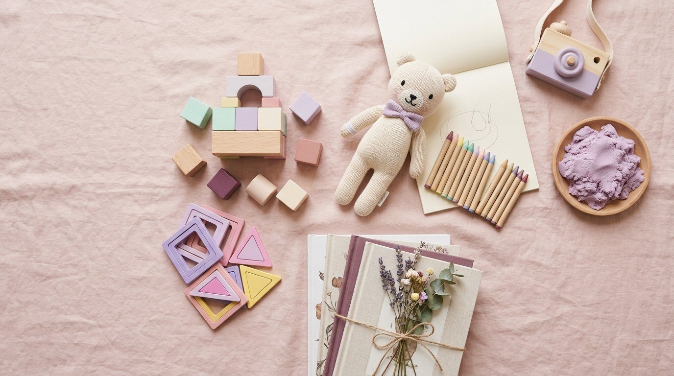 A soft flat lay of imaginative gifts for kids in blush and lavender tones
