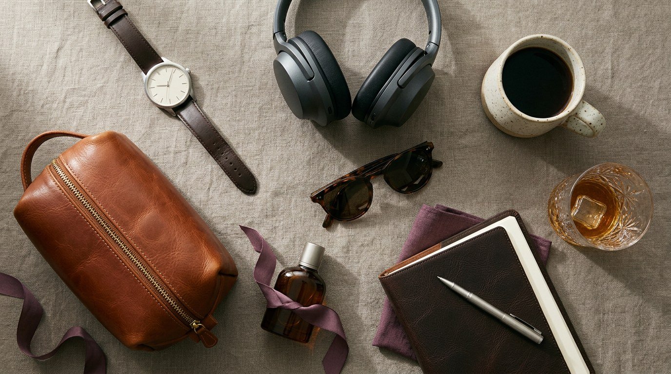 A warm flat lay of refined gifts for men — leather, a watch, headphones, and barware in muted plum and taupe tones