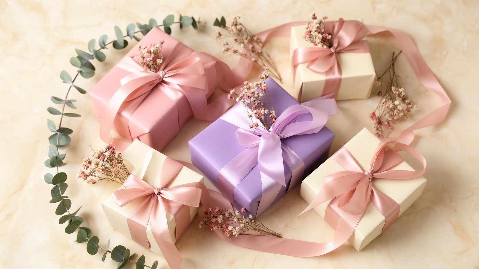 Beautifully wrapped blush and lavender gift boxes